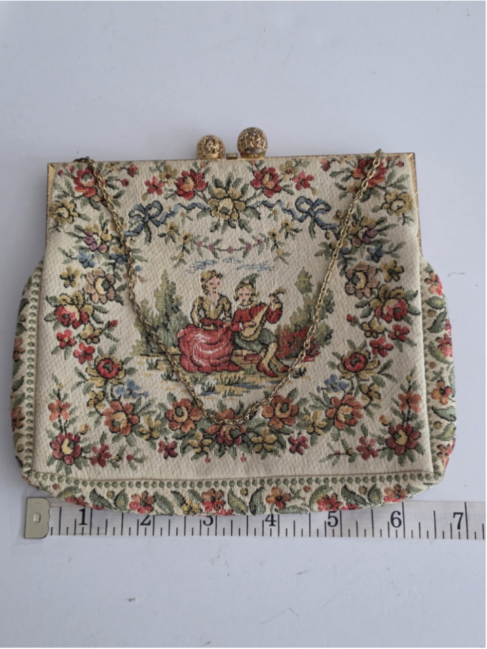 Vintage French Tapestry Purse HA & E Smith Bermuda Evening Bag Courting Scene EX - Picture 12 of 13